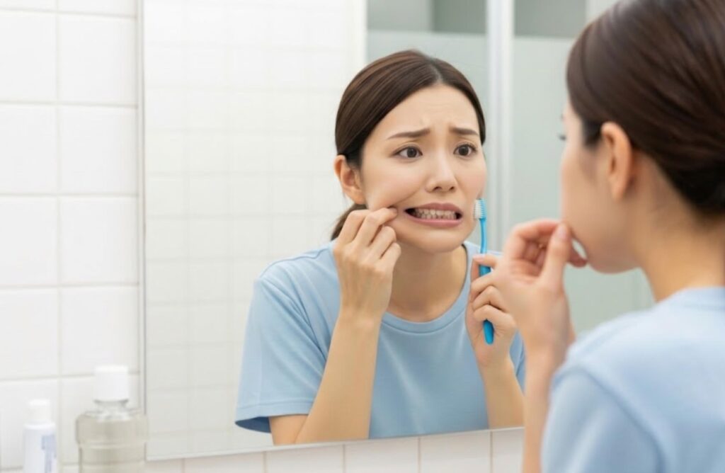歯磨き中に親知らずの周辺を気にする日本人女性