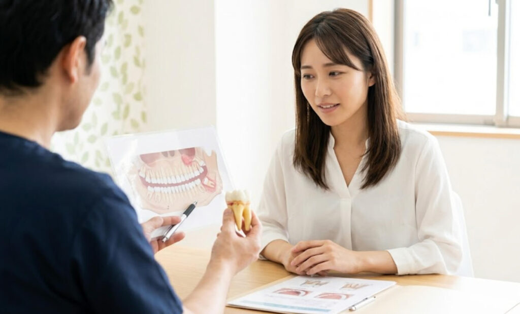 親知らずを抜くかどうかの判断のために、模型と資料を指し示す歯科医師（背後）の説明を、納得した表情で聞く日本人女性の様子