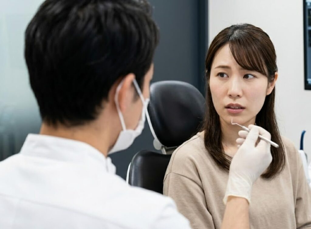 歯科医師から親知らずの治療について説明を受ける日本人女性