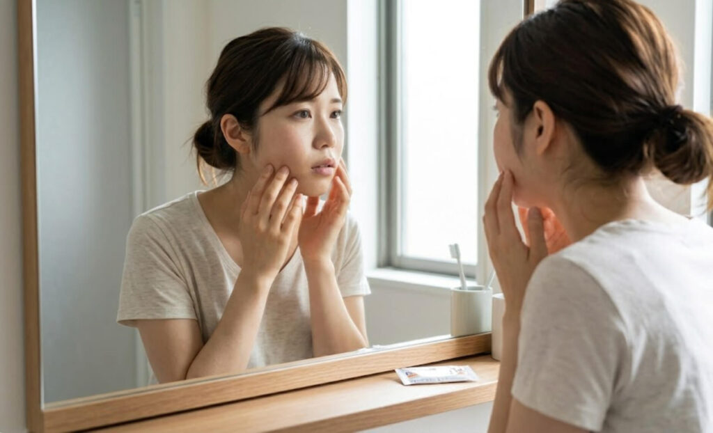 親知らず抜歯後のダウンタイム中に、自宅の洗面台で腫れの経過を確認する日本人女性の様子