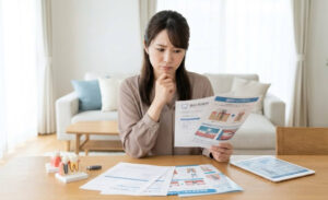 複数の歯科医院のインプラント見積書と資料を手に取り、真剣な表情で比較検討する日本人女性。