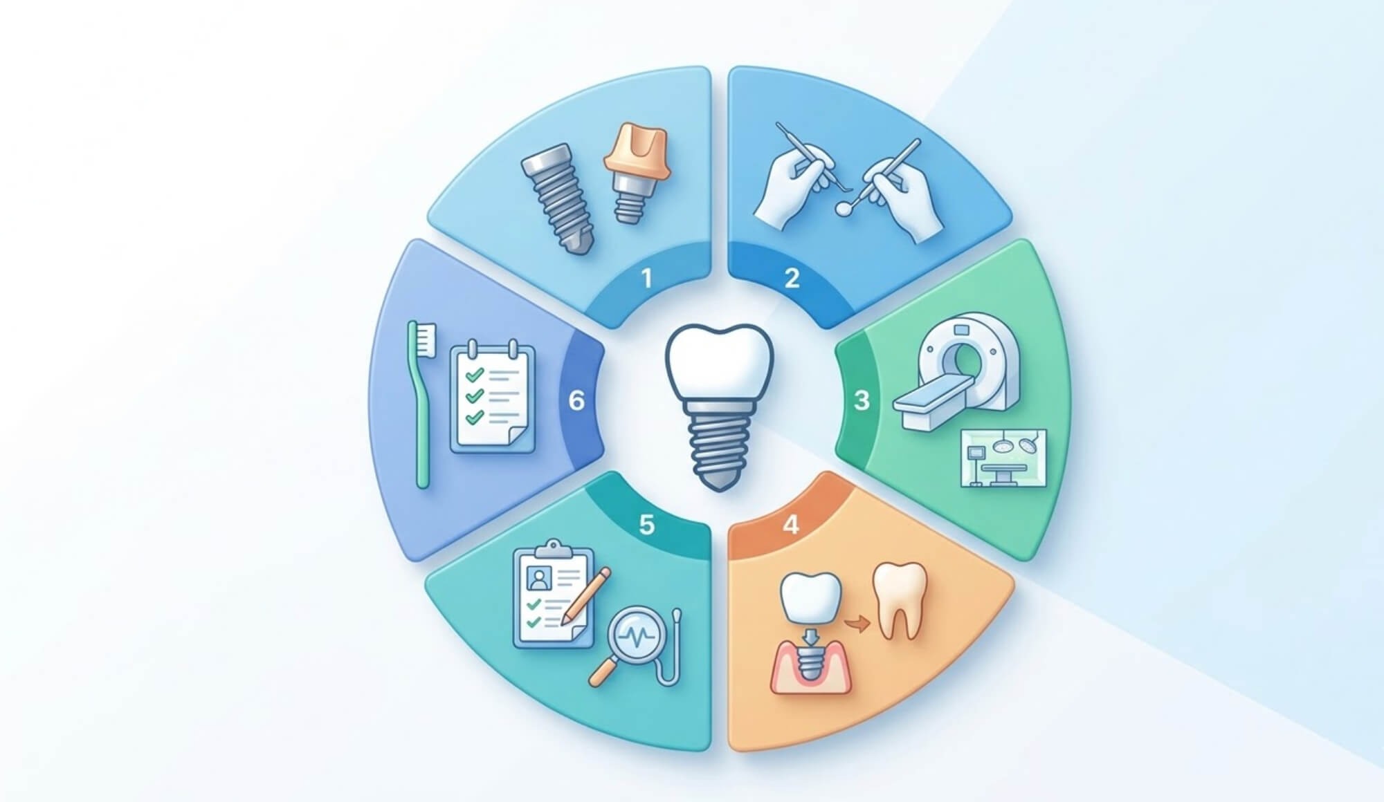 高品質なインプラント治療を支える6つの包括的な構成要素を表現したイラスト