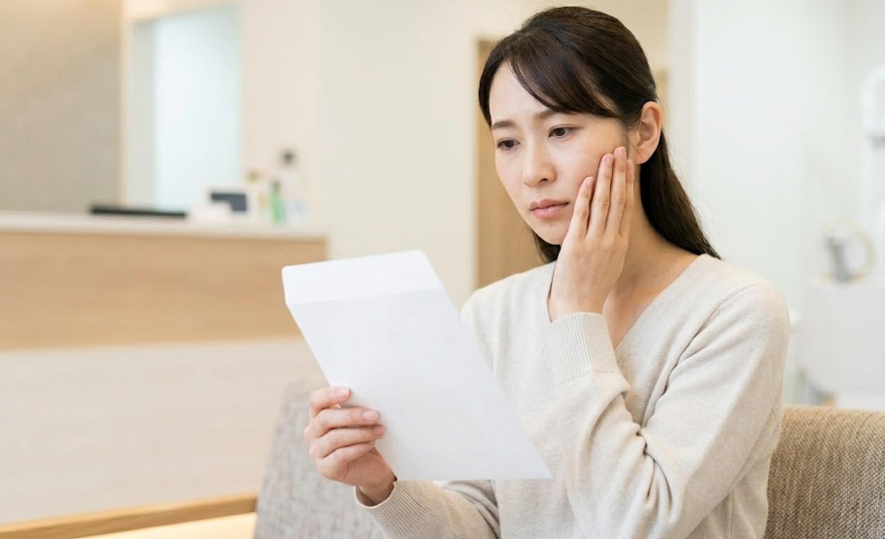 歯科医院の待合室で紹介状を手に持ち、困った表情を浮かべる日本人女性