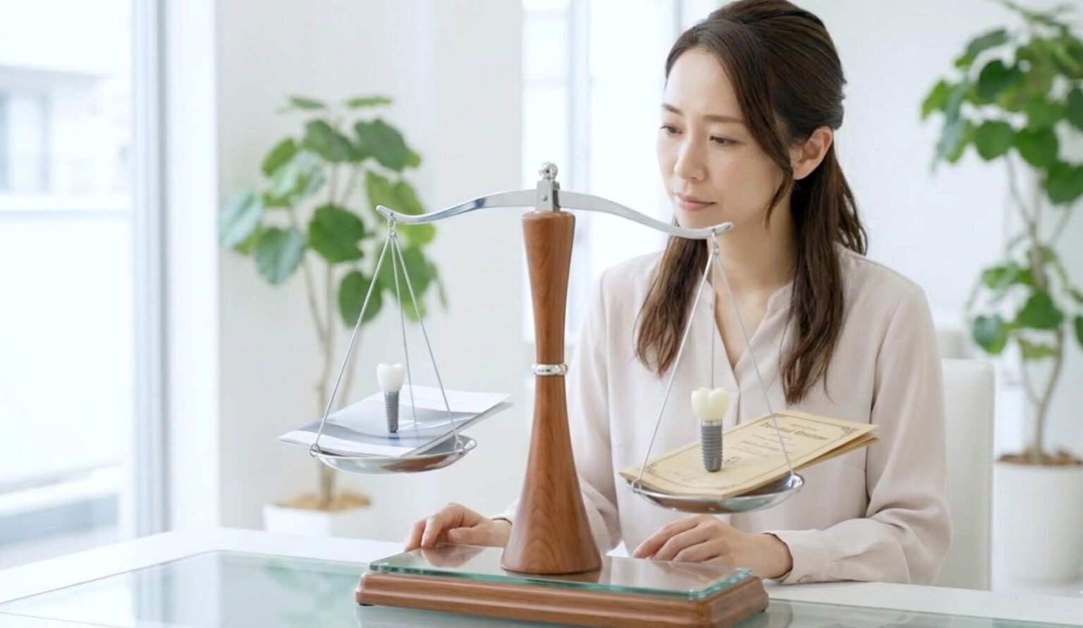 洗練された天秤を用いて、異なるインプラントメーカーの品質と費用のバランスを真剣に比較検討する日本人女性