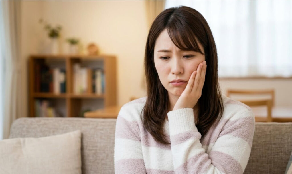 頬を押さえて親知らずの痛みに悩む日本人女性