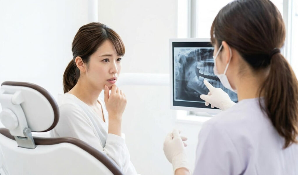歯科医院で親知らずの抜歯について不安げに相談する日本人女性。歯科医師が優しく対応している様子。