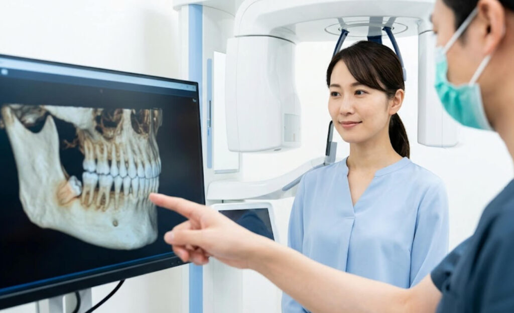 歯科用CTで説明を受ける、安心した表情の日本人女性